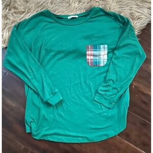 D. Touch Green Long Sleeve‎ Top with Plaid Pocket - Women's Size M